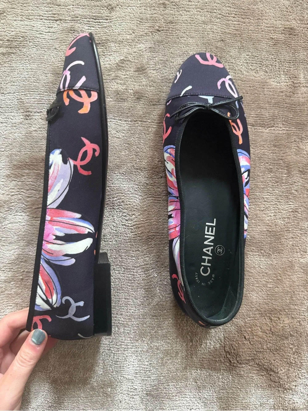 CHANEL Rare Black Floral Ballet Flats with Pink Accents